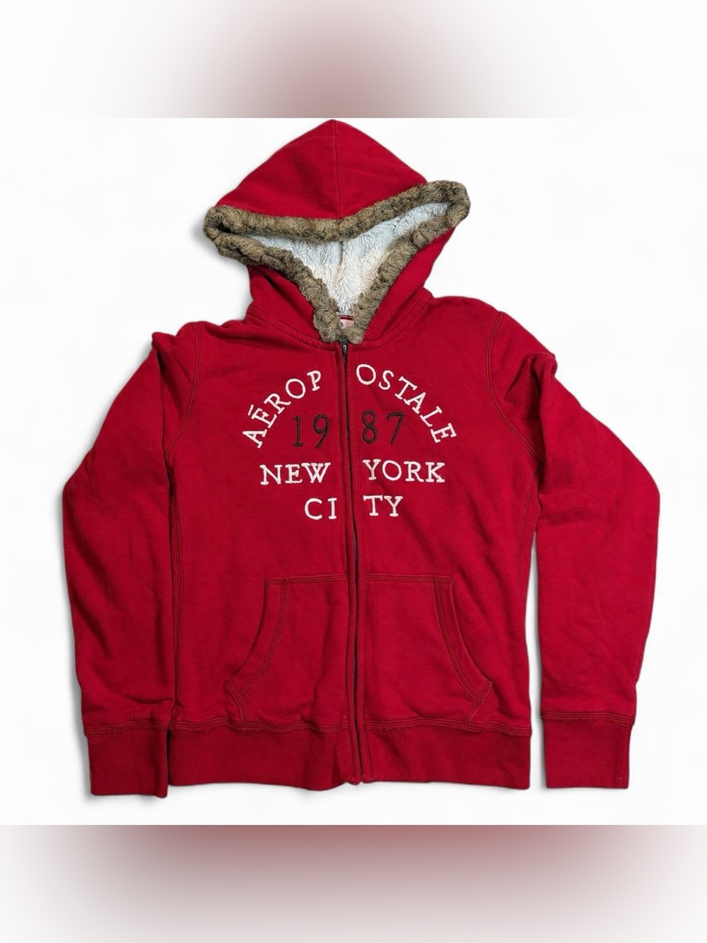 Aeropostale Red Zip-Up Hoodie with Faux-Fur Trim